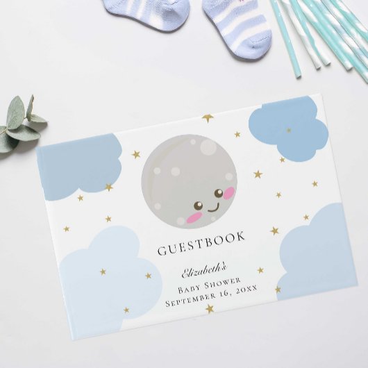 Over het Moon Baby shower Blue Cute Gold Kawaii Gastenboek