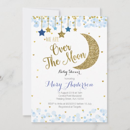 Over het Moon Baby shower Invitation Blue Kaart (Voorkant)