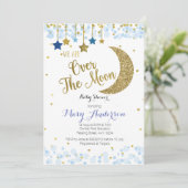 Over het Moon Baby shower Invitation Blue Kaart (Staand voorkant)