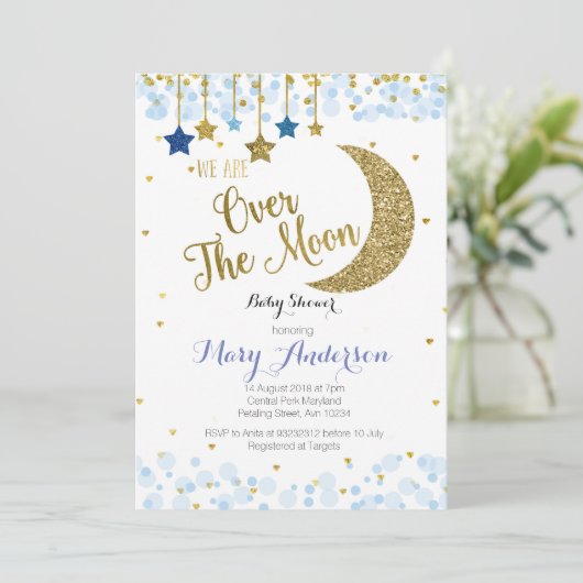 Over het Moon Baby shower Invitation Blue Kaart (Staand voorkant)