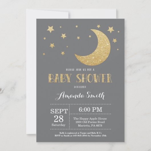 Over het Moon Baby shower Invitation Gold Glitter Kaart (Voorkant)