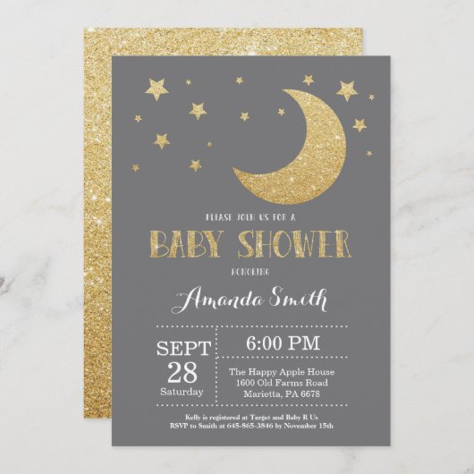 Over het Moon Baby shower Invitation Gold Glitter Kaart (Voorkant / Achterkant)