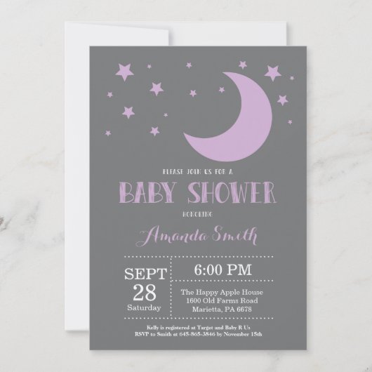 Over het Moon Baby shower Invitation Paars Kaart (Voorkant)