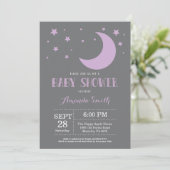 Over het Moon Baby shower Invitation Paars Kaart (Staand voorkant)