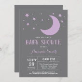 Over het Moon Baby shower Invitation Paars Kaart (Voorkant / Achterkant)