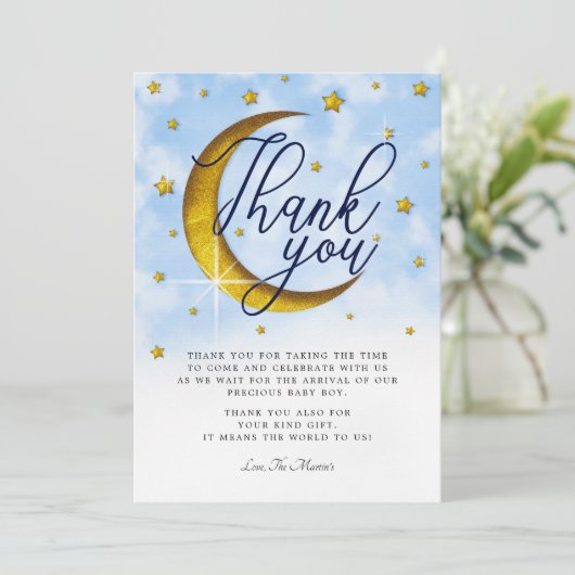Over het Moon Blue Gold Baby shower Hartelijk dank Kaart (Staand voorkant)