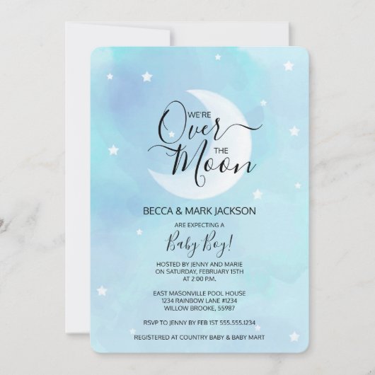 Over het Moon Blue Waterverf Baby shower Kaart (Voorkant)