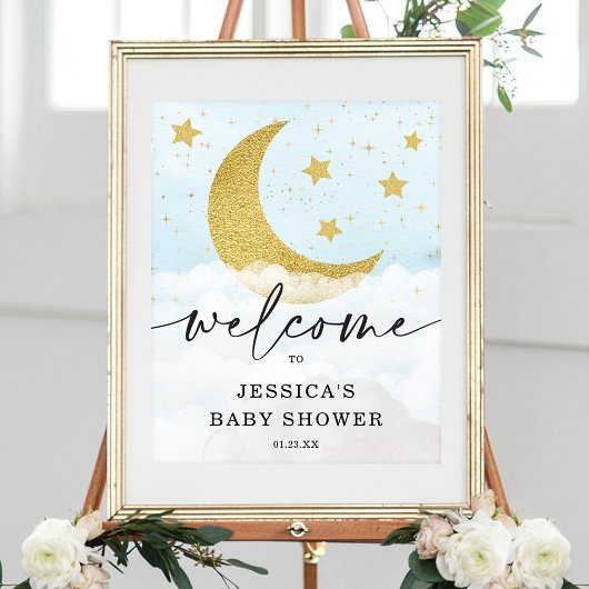 Over het Moon Boy Blue Baby shower Welkom Poster