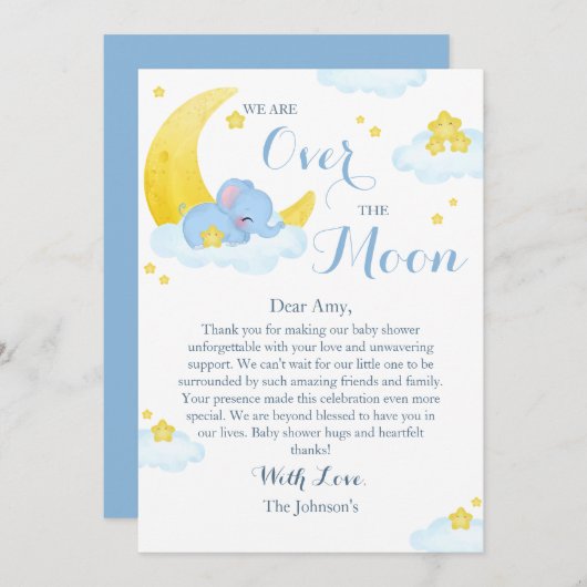 Over het Moon Elephant Baby shower Bedankkaart (Voorkant / Achterkant)