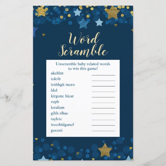 Over het Moon Gold Baby shower Word Scramble (Voorkant)