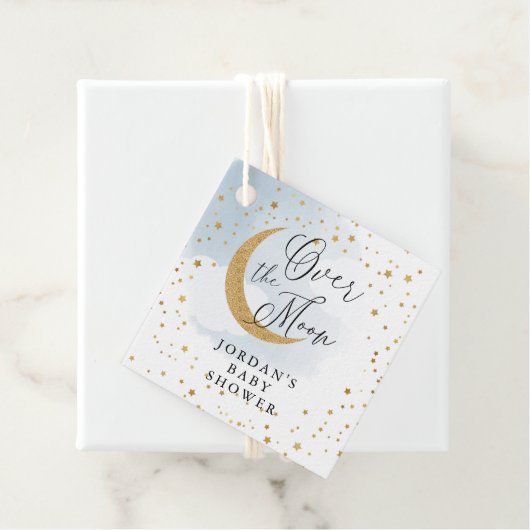 Over het Moon Gold en Blue Baby shower Hanging Bedankjes Labels (In situ)
