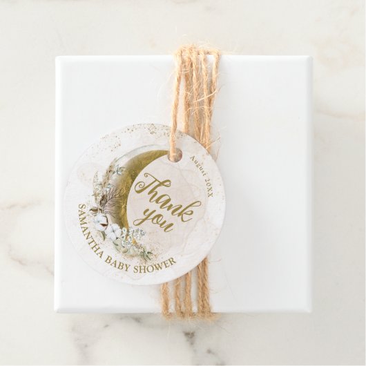 Over het Moon Gold Gender Neutrale Baby shower Bedankjes Labels (In situ)