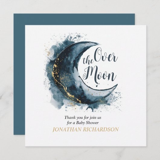 Over het Moon Gold Stars Blue Baby shower Bedankkaart (Voorkant / Achterkant)