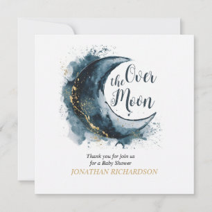 Over het Moon Gold Stars Blue Baby shower Bedankkaart