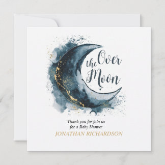 Over het Moon Gold Stars Blue Baby shower Bedankkaart