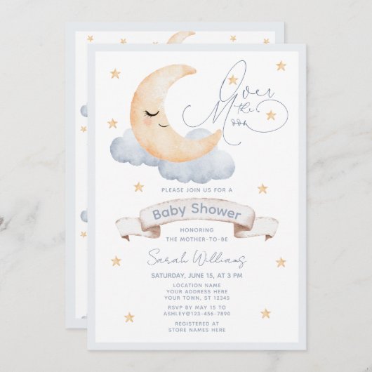 Over het Moon Gold Stars Blue Baby shower Kaart (Voorkant / Achterkant)
