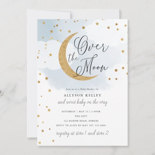 Over het Moon Gold Stars Blue Baby shower Kaart (Voorkant)