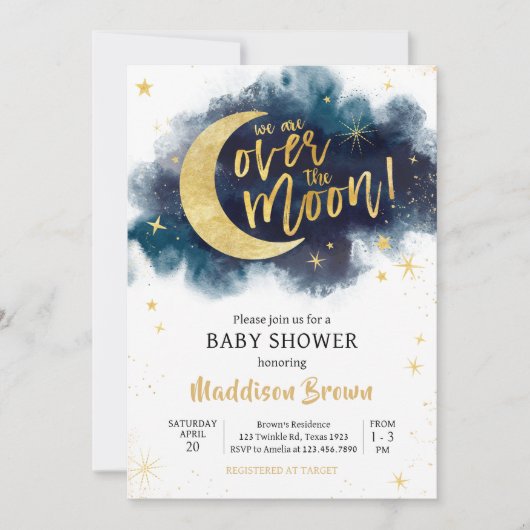 Over het Moon Gold Stars Blue Baby shower Kaart (Voorkant)