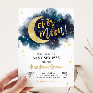 Over het Moon Gold Stars Blue Baby shower Kaart