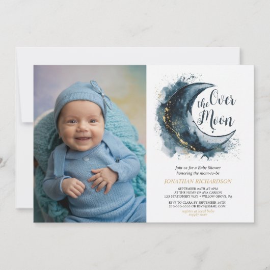 Over het Moon Gold Stars Blue Baby shower Kaart (Voorkant)