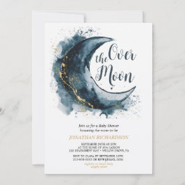 Over het Moon Gold Stars Blue Baby shower Kaart