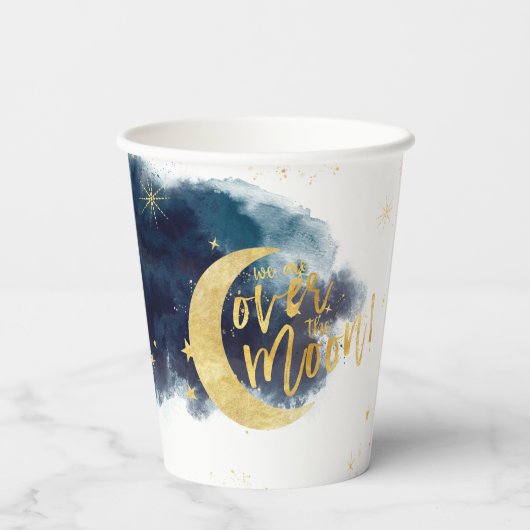 Over het Moon Gold Stars Blue Baby shower Papieren Bekers (Achterkant)