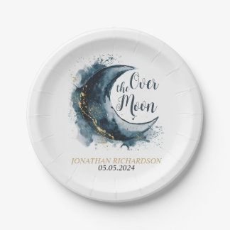 Over het Moon Gold Stars Blue Baby shower Papieren Bordje