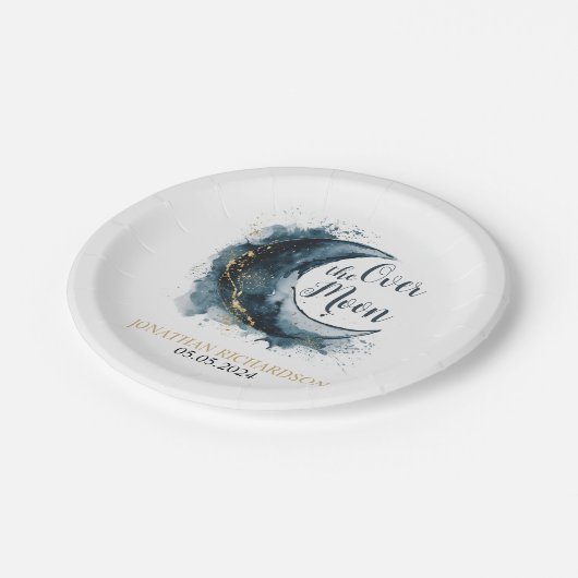 Over het Moon Gold Stars Blue Baby shower Papieren Bordje (Gekanteld)