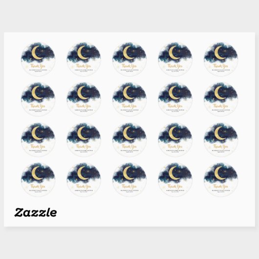 Over het Moon Gold Stars Blue Baby shower Ronde Sticker (Vel)