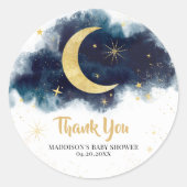 Over het Moon Gold Stars Blue Baby shower Ronde Sticker (Voorkant)