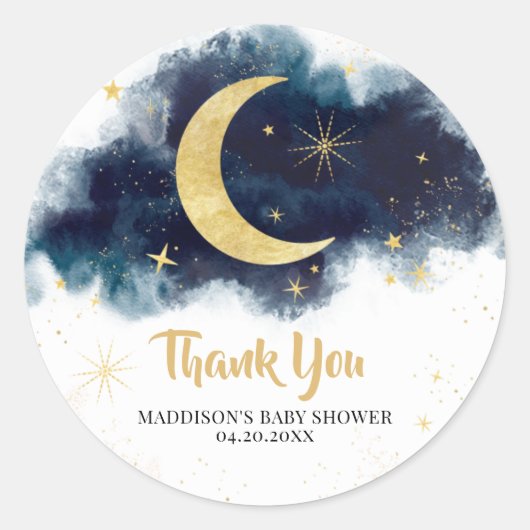 Over het Moon Gold Stars Blue Baby shower Ronde Sticker (Voorkant)