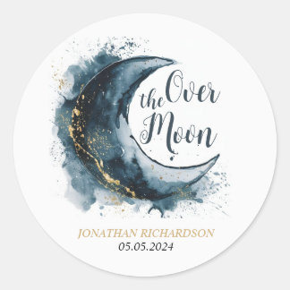 Over het Moon Gold Stars Blue Baby shower Ronde Sticker
