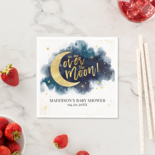 Over het Moon Gold Stars Blue Baby shower Servet (Insitu)
