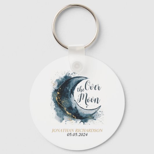 Over het Moon Gold Stars Blue Baby shower Sleutelhanger (Voorkant)