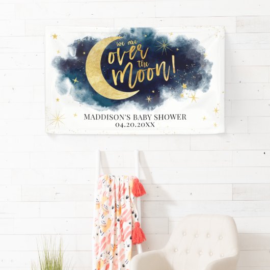 Over het Moon Gold Stars Blue Baby shower Spandoek (Insitu)