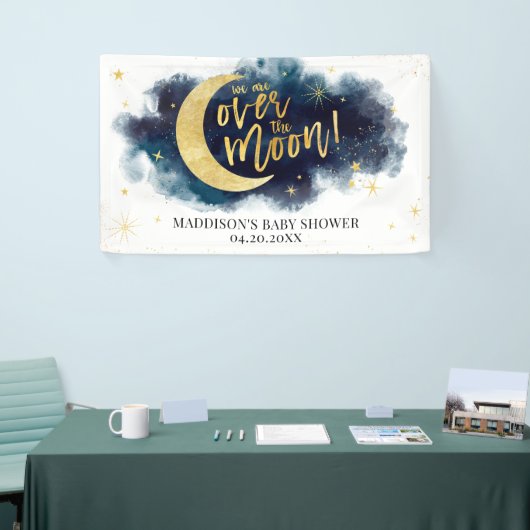 Over het Moon Gold Stars Blue Baby shower Spandoek (Beurs)