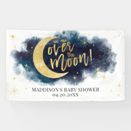 Over het Moon Gold Stars Blue Baby shower Spandoek
