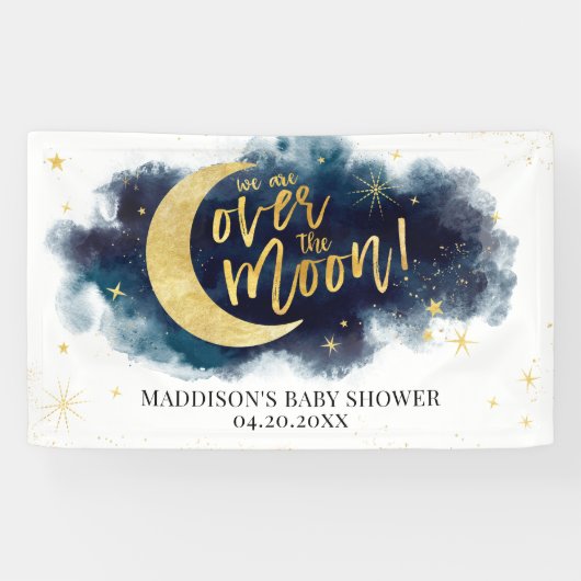 Over het Moon Gold Stars Blue Baby shower Spandoek (Horizontaal)