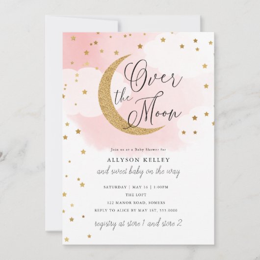 Over het Moon Gold Stars Roze Baby shower Kaart (Voorkant)