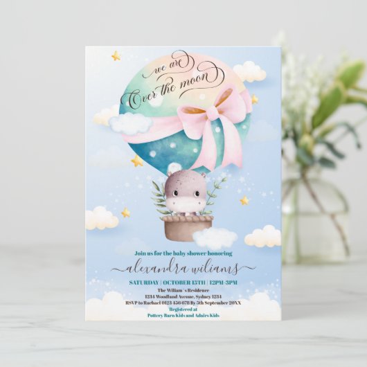 Over het Moon Hippo Baby shower Kaart (Staand voorkant)