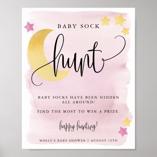 Over het Moon Pink Baby shower Baby Sock Hunt Game Poster (Voorkant)