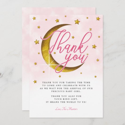 Over het Moon Pink Gold Baby shower Hartelijk dank Kaart (Voorkant / Achterkant)