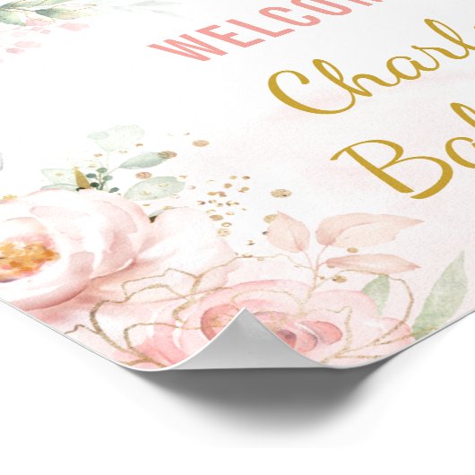 Over het Moon Pink Gold Floral Baby shower Welkom Poster (Hoek)