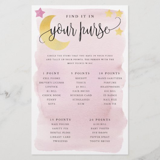 Over het Moon Purse Scavenger Paper Game Kaart-Roz Flyer (Voorkant)