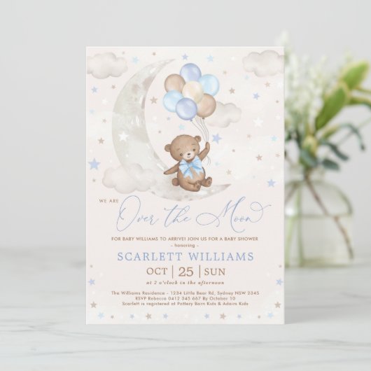 Over het Moon Teddy Bear-Baby shower Kaart (Staand voorkant)