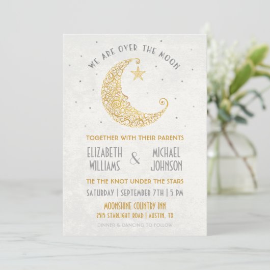 Over het Moon Wedding Invitation Gold Kaart (Staand voorkant)