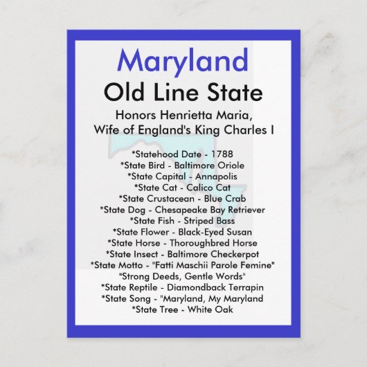 Over Maryland Briefkaart (Voorkant)