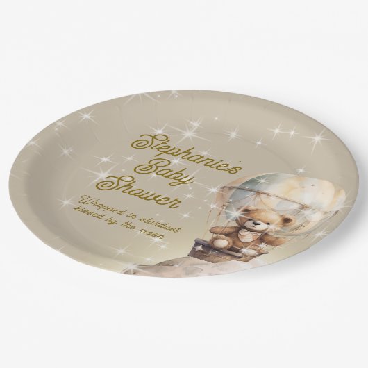 Over Moon Teddybeer Genderneutraal Baby shower Papieren Bordje (Gekanteld)