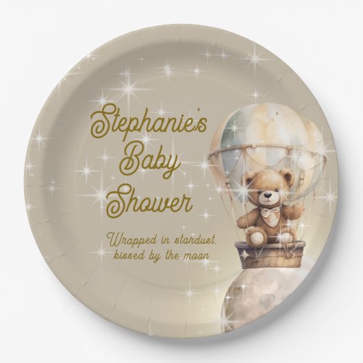 Over Moon Teddybeer Genderneutraal Baby shower Papieren Bordje (Voorkant)