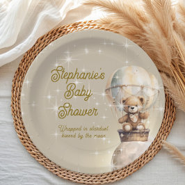 Over Moon Teddybeer Geslachtsneutrale Baby Shower Papieren Bordje